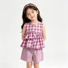 2026 Nuevo Traje de Cuadros de Verano Estilo Coreano Ropa para Niñas Ropa de Verano a la Moda para Niñas Conjunto de Dos Piezas con Shorts sin Mangas