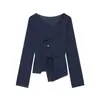 Camisa de Manga Larga Diagonal Asimétrica con Corbata para Mujer, Cuello en V, Ceñida a la Cintura, Diseño de Tirantes de Corbata, Múltiples Colores en Stock