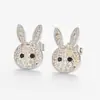 Pendientes de Conejo con Circonita Color Champaña y Diamante Completo de Nuevo Estilo Transfronterizos, Moda Versátil de Personalidad Nicho Europeo y Americano, Pendientes Ligeros de Lujo para Mujer
