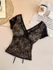 5251 # Top de encaje de manga corta para mujer, verano puro y sexy, espalda descubierta con escote en V, entallado a la cintura, adelgazante, con copas en el pecho, camiseta de manga corta