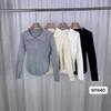 Suéter curto com decote em V vazado feminino, manga comprida, outono e inverno, ombro acolchoado, blusa solta, emagrecedora, casual, cintura alta, malha umbigo