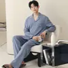 Pijama Masculino 100% Algodão Novo 2026, Primavera e Outono Manga Longa Gola Reversível Calça Longa Masculina, Conjunto de Roupa para Casa Outono Modelagem Solta com Bolsos