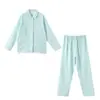 Conjunto de Pijama de Manga Larga y Pantalón Largo para Pareja Estilo Japonés Yuyue, Color Caramelo Muji, Gasa de Doble Capa, Sin Costuras Laterales