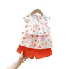 Traje de verano para niñas Verano Nuevo Lindo Calle Fried Estampado completo Chaleco con corbata corta Pantalones cortos Traje Lindo