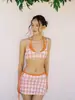 Traje de Banho Três Peças com Saia Cobertura, Xadrez Camadas Dividido Estilo Coreano, Japonês e Tailandês, Traje de Banho Emagrecedor para Resort de Águas Termais para Mulheres