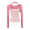 Camiseta de estilo suave color púrpura de taro, diseño de color contrastante de dos piezas falsas, cuello halter, manga larga, corte ajustado, top corto de cuello cuadrado, sin botones