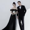 Vestido de Noite Preto para Mulheres 2026 Novo Cetim Francês Cauda de Peixe Luxo Leve Nicho Fotografia de Casamento Vestido Simples