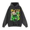 Sudadera con capucha vintage lavada y desgastada con diseño estampado, tela de peso pesado, corte extragrande, hombros caídos, estilo streetwear americano, perfecta para otoño e invierno