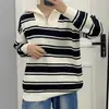 Suéter de Punto con Cremallera, Cuello de Solapa y Rayas Contrastantes, Nuevo Estilo Otoño e Invierno 2026, Holgado y Versátil, Suéter Pulóver de Estilo Relajado para Mujer