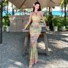 Vestido de Pintura al Óleo Estilo Resort Francés para Mujer, Falda Larga de Verano para Adelgazar la Cintura y Ajustada a las Caderas, Falda Larga, Falda de Playa Romántica de Hada Gentil