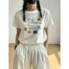Tamanho Grande Divertido Estampado em Desenho Animado Solto Manga Curta Feminino Verão Design Versátil Gola Redonda Top Ombro Algodão Camiseta