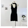 Vestido de punto de seda helada con espalda descubierta de tiras en V para mujer 2026 Verano Ol Ajuste ceñido Cintura ceñida Bodycon Corto Deseo Puro