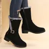 Botas de neve quentes casuais para outono e inverno com forro de fleece e detalhes de fivela da moda, botas estilo Martin de cano médio, botas de montaria femininas