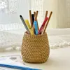 Simple Cesta Redonda de Mimbre Sintético para Bolígrafos Almacenamiento Multifuncional Tubo de Almacenamiento para Brochas de Maquillaje Cesta Redonda para Ceremonia del Té