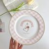 Plato de cerámica vintage con diseño de conejito estilo francés, bonito plato de desayuno con forma de corazón para niña, plato de postre, plato a cuadros para pastel.