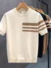 Nueva camiseta de punto de manga corta para hombre de verano, a rayas, simple, business casual, corte ajustado, camiseta de seda helada, venta al por mayor transfronteriza