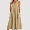 Ropa de Mujer Nueva Transfronteriza Europea y Americana Primavera y Verano Casual Holgada Moda Retro Algodón y Lino Sin Mangas Cuello en V Vestido con Bolsillo