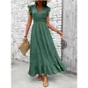 Vestido longo de alça V com babados e acinturado, atacado em estoque, novo modelo de verão, estilo europeu e americano transfronteiriço para férias na praia