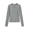 Camisetas de Manga Larga de Cinco Botones Estilo Europeo Americano para Mujer en Otoño e Invierno Nuevas Versátiles Camisas Base de Aspecto Adelgazante Camisetas
