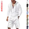 Traje Henry con Capucha de Lino Holgado Casual de Verano para Hombre, Transfronterizo Europeo y Americano, con Pantalones Cortos de Manga Larga, Tendencia de Playa
