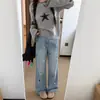 Jeans Rectos Bordados de Estrella Azul para Mujer, Verano Talla Plus Ajuste Holgado, Favorecedores para Cuerpo Tipo Pera, Pantalones de Pierna Ancha