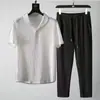 Conjunto de Linho de Seda Gelada de Manga Curta Ultrafino de Alta Qualidade Masculino de Verão Tamanho Plus Camiseta Solta de Manga Média Conjunto de Duas Peças de Algodão e Linho