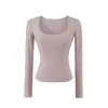 Camiseta Lisa de Manga Longa Decote em U Baixo Estilo Puro Desejo com Acabamento para Mulheres Outono Nova Chegada Elástica Confortável Top Base Hot Girl