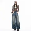 Calça de Pierna Larga Estilo Americano 20025 Novo Outono e Inverno Solta e Confortável Design Bordado Retrô Textura Pregueada Perna Larga