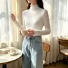 Camisa básica feminina de renda para primavera e outono, com gola alta, acabamento franzido, elástica, corte justo, textura plissada tipo nuvem, elegante e longa