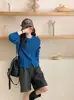 Cárdigan de Punto Azul con Cuello Redondo para Mujer, Nuevo Estilo 2026 Suéter de Lana con Punto Trenzado y Logo de Caballo Bordado
