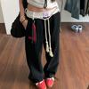 Pantalones de chándal casual retro azul marino para mujer 2026 Nuevo estilo de principios de otoño Cintura con retazos Pantalones deportivos Pantalones holgados de pierna ancha
