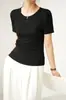 2025 Novo Top de Malha Canelada com Gola Redonda de Manga Curta Slim Fit Versátil para Mulheres, Camiseta Esportiva Casual Fina de Primavera e Verão