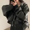 Corea del Sur Chic Otoño e Invierno Nicho Retro Cremallera Doble Bolsillo Casual Holgado Combinable Falso Dos Piezas Chaqueta de Cuero con Capucha