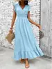 Vestido largo de verano con cuello en V, fruncido en la cintura, estilo europeo y americano transfronterizo para vacaciones en la playa, al por mayor, en stock