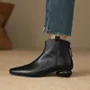 Botas curtas femininas de bico fino, salto grosso, estilo retrô 2026 coreano, cor nude, efeito emagrecedor, com zíper traseiro, botas Chelsea marrons de salto baixo