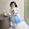 Conjunto de Dos Piezas para Niña de Verano Nuevo de Dibujos Animados de Sirena Camiseta de Manga Corta y Falda de Malla con Volantes Dulce de Princesa Moderno