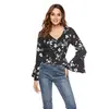 Blusa superior de gasa con estampado, volantes, manga larga acampanada y cuello en V, de diseño propio, europea y americana, nueva para Primavera y Otoño 2022, para mujer