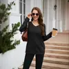 2023 nova roupa feminina transfronteiriça camiseta feminina de manga comprida Amazon gola V canelada escovada cor sólida top da moda