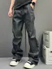 Calça Jeans Masculina Retrô Americana Lavada Preto Cinza Desgastada Botão Solta Reta Perna Larga Comprimento no Chão Tendência