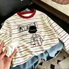 Camiseta de Manga Larga a Rayas de Algodón Puro, Nueva Moda Primavera y Otoño para Niños, Estilosa y de Corte Holgado, Camiseta Básica Versátil para Niños Mayores