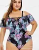 Traje de baño talla grande transfronterizo 2019 para mujer europea y americana, mujer con sobrepeso, con hombros de hoja de loto, traje de baño bikini estampado