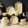 Juego de Vajilla para Uso Doméstico, Regalo, Tazones y Platos Lindos con Temática de Primavera, Tazón Estilo Crema con Doble Asa, Vajilla de Cerámica con Color Bajo Esmalte, Jingdezhen