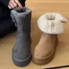 Primer Encuentro Ji Botas de Nieve con Suela Gruesa y Hebilla para Mujer 2026 Invierno Gris Más Terciopelo Cálido de Media Pantorrilla Botas de Algodón Cortas de Algodón