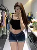 Shorts de Mezclilla Bajos con Dobladillo Enrollado y Pedrería Estilo Retro Americano para Mujer Verano Bordados Estilo Chica Caliente Ajustados Elásticos que Resaltan las Caderas Pantalones Cortos Calientes de Moda