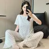 Pijama de Algodón para Mujer XT 6535 Primavera/Verano, Sencillo de Manga Corta y Pantalón Largo con Copas Fijas en el Pecho y Bolsillos para Estar en Casa