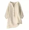 20234 Verano Holgada Talla Grande Mujer Cuello en V Delantero Corto Trasero Largo Algodón Lino Longitud Media Cómoda Delgada Camisa