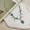 Nuvens Azul Leite Colar da Série Leite com Contas Coloridas de Pedra Olho de Gato, Corrente para Clavícula para Mulheres, Design Moderno com Estrela-do-Mar Doce