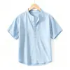 Nova Camisa Masculina de Linho de Manga Curta para o Verão de 2026, Casual Solta com Gola Alta, Cor Sólida, Top Respirável de Algodão e Linho