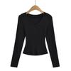 SY9084-24 Outono Novo Estilo Europeu e Americano Sexy Slim Aparência Slim Camiseta Base Slim Cintura Ampulheta Gola V Manga Longa
