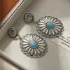 Brincos de Prata Antiga Estilo Étnico Retrô Transfronteiriços com Girassol Brincos de Turquesa de Indústria Pesada de Alta Qualidade Brincos Boêmios